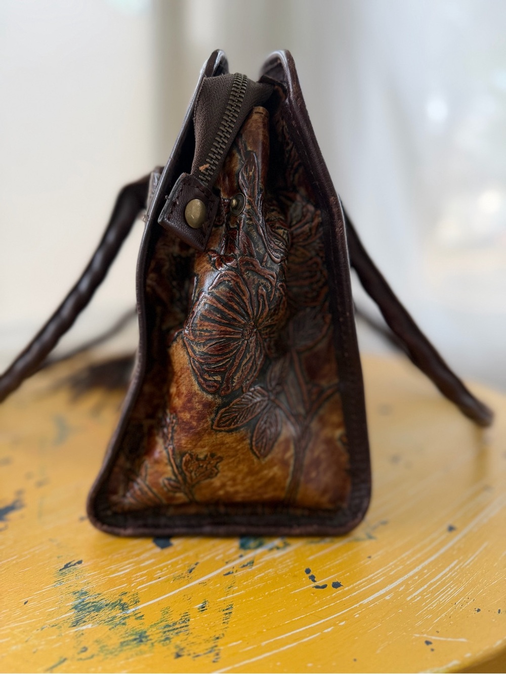 Patricia Nash Hand-Tooled Floral Satchel in Brown and Tan - Picture 3 of 9